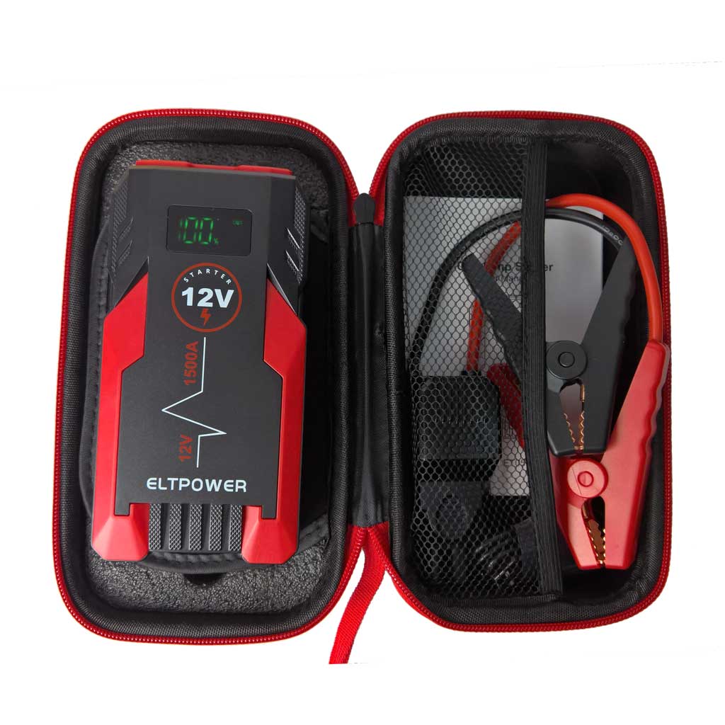 Motorcycle jump starter & power pack with LED flashlight & carry case