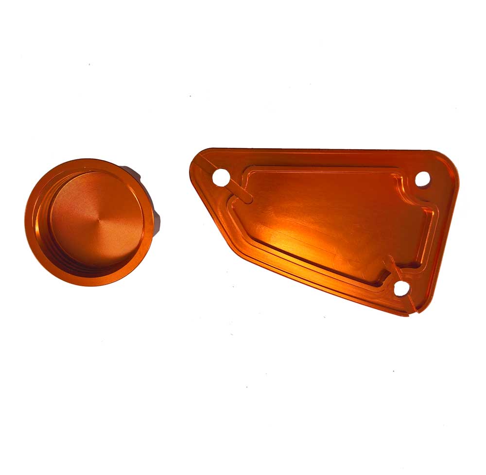 Anodised Orange CNC Front & Rear Brake Reservoir Covers to fit KTM models listed