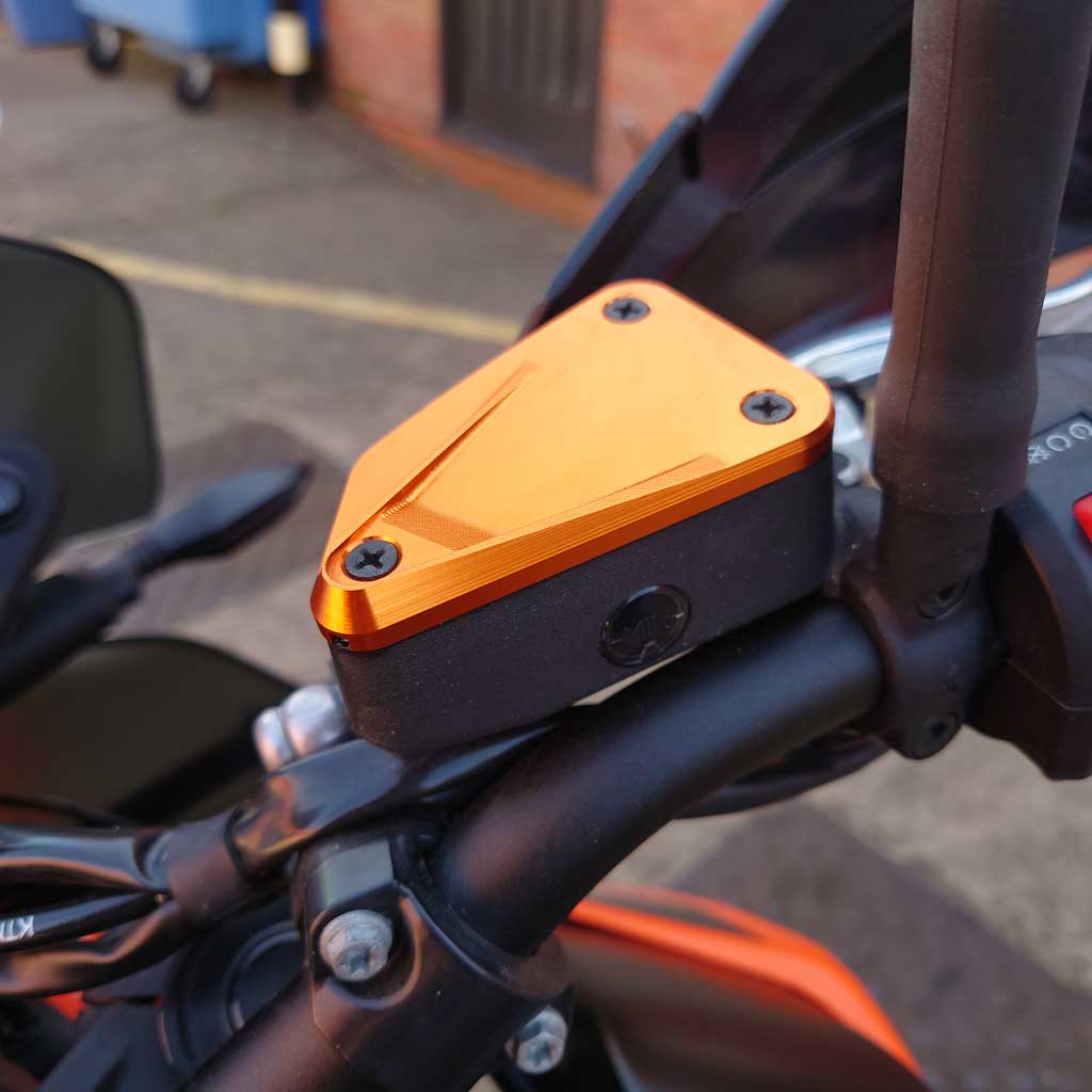 Anodised Orange CNC Front & Rear Brake Reservoir Covers to fit KTM models listed