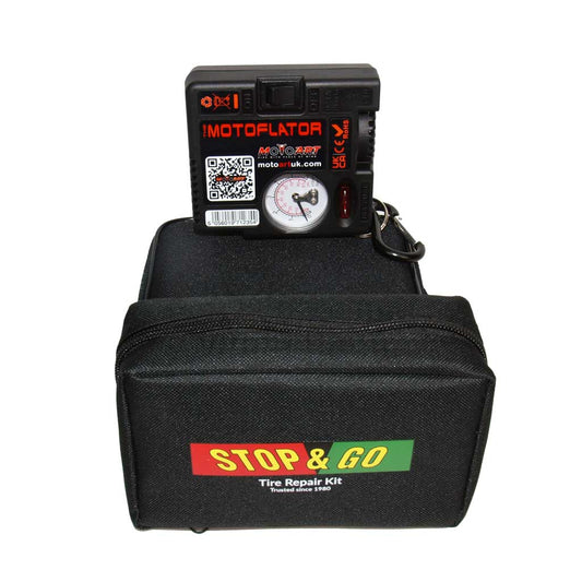 The image shows The Motoflator - compact 12 volt tyre inflator/compressor for motorcycles or cars together with a Stop & Go pocket tyre plugger kit for repairing punctures in tubeless tyres - everything you need to repair up to 15 punctures