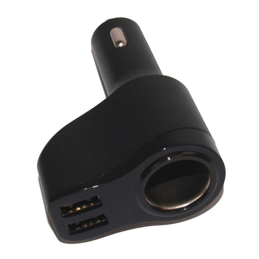Twin USB adapter for cigarette lighter with pass-through cigarette lighter socket