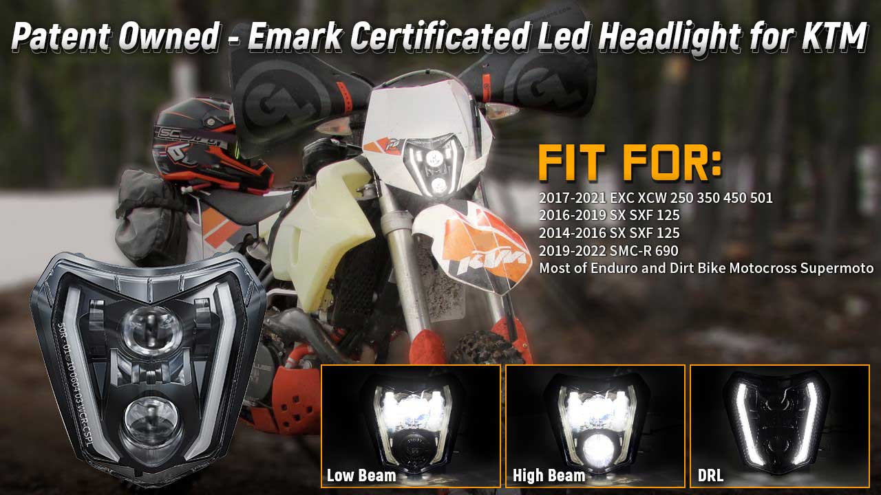 LED Headlight with daytime running light function to fit KTM EXC, SMC-R, SX, SXF & XCW models listed