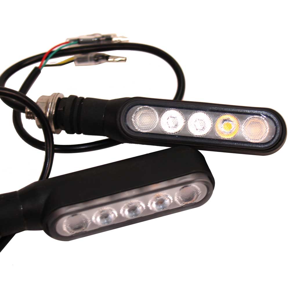 Pair of front LED indicators with built in flasher units and daytime running lights (DRLs) for Motorcycle use