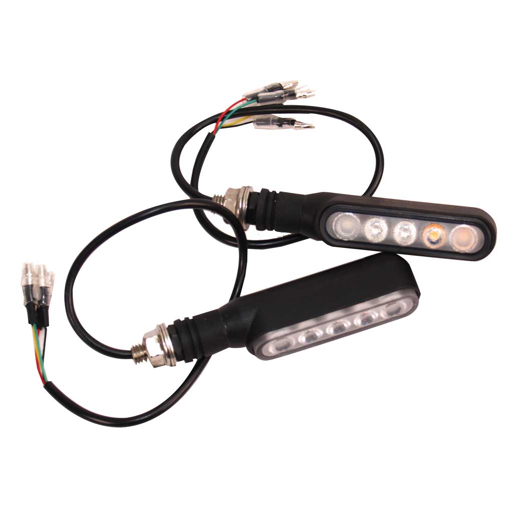 Pair of front LED indicators with built in flasher units and daytime running lights (DRLs) for Motorcycle use