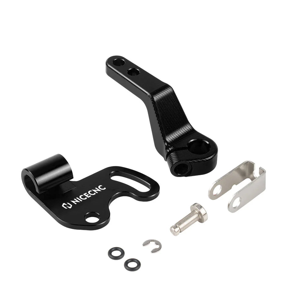 Black metal clutch cable bracket & clutch lever with fittings on a white background
