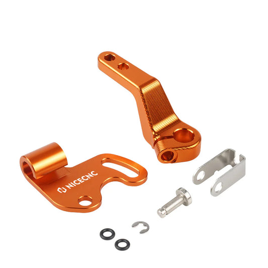 Orange metal clutch cable bracket and clutch lever with fittings on a white background