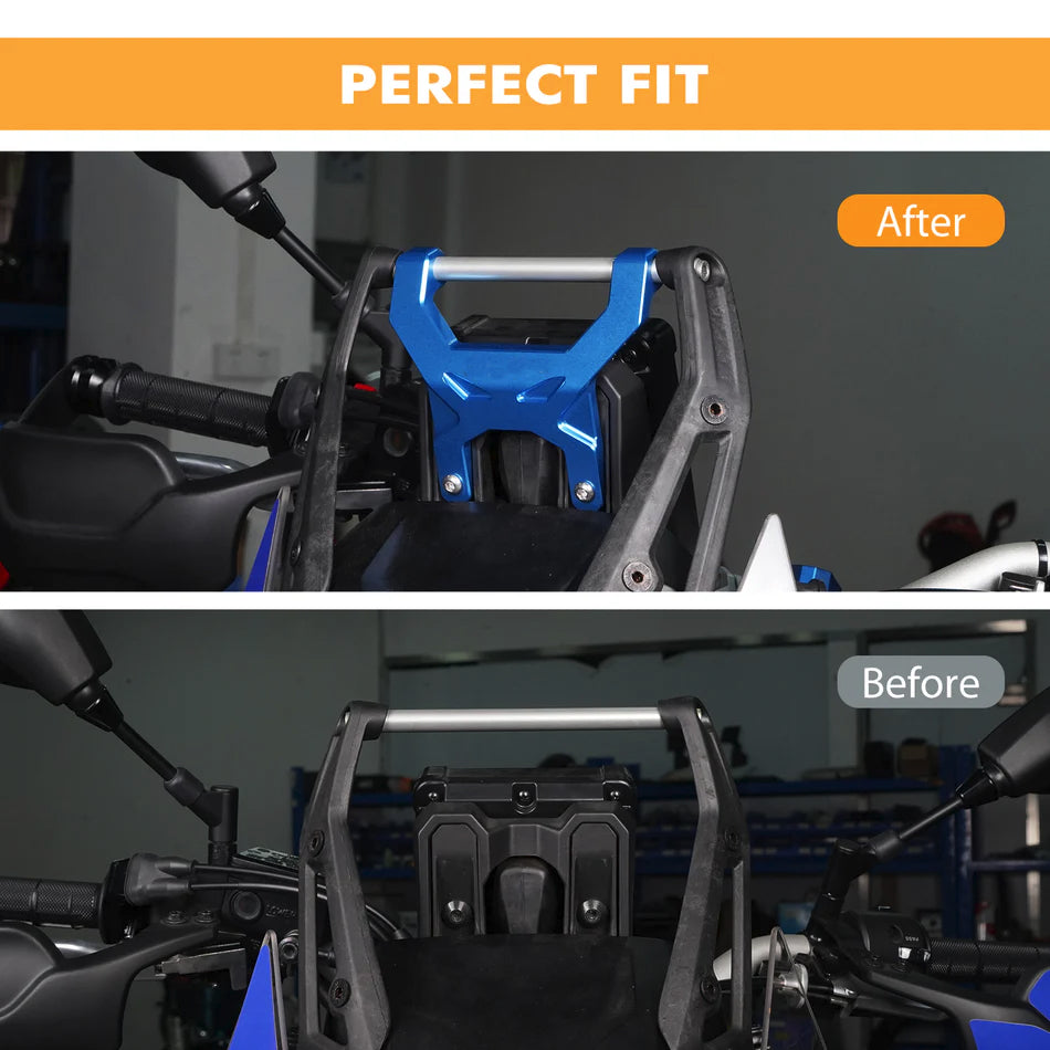 Before and after comparison of a dashboard stabliser fitted to a Yamaha Tenere 700 
