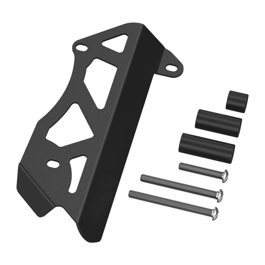 Black metal gear linkage bracket for Yamaha Tenere 700 with screws on a white background.