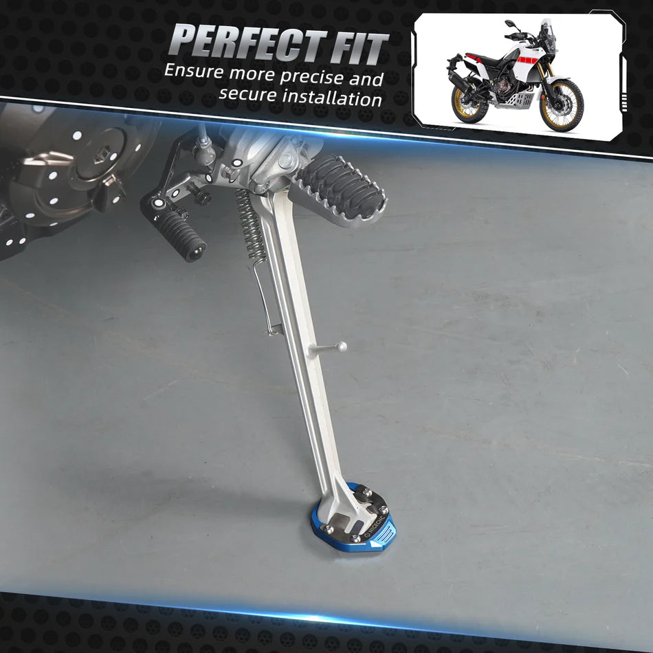 Motorcycle side stand pad fitted to Yamaha Tenere 700.