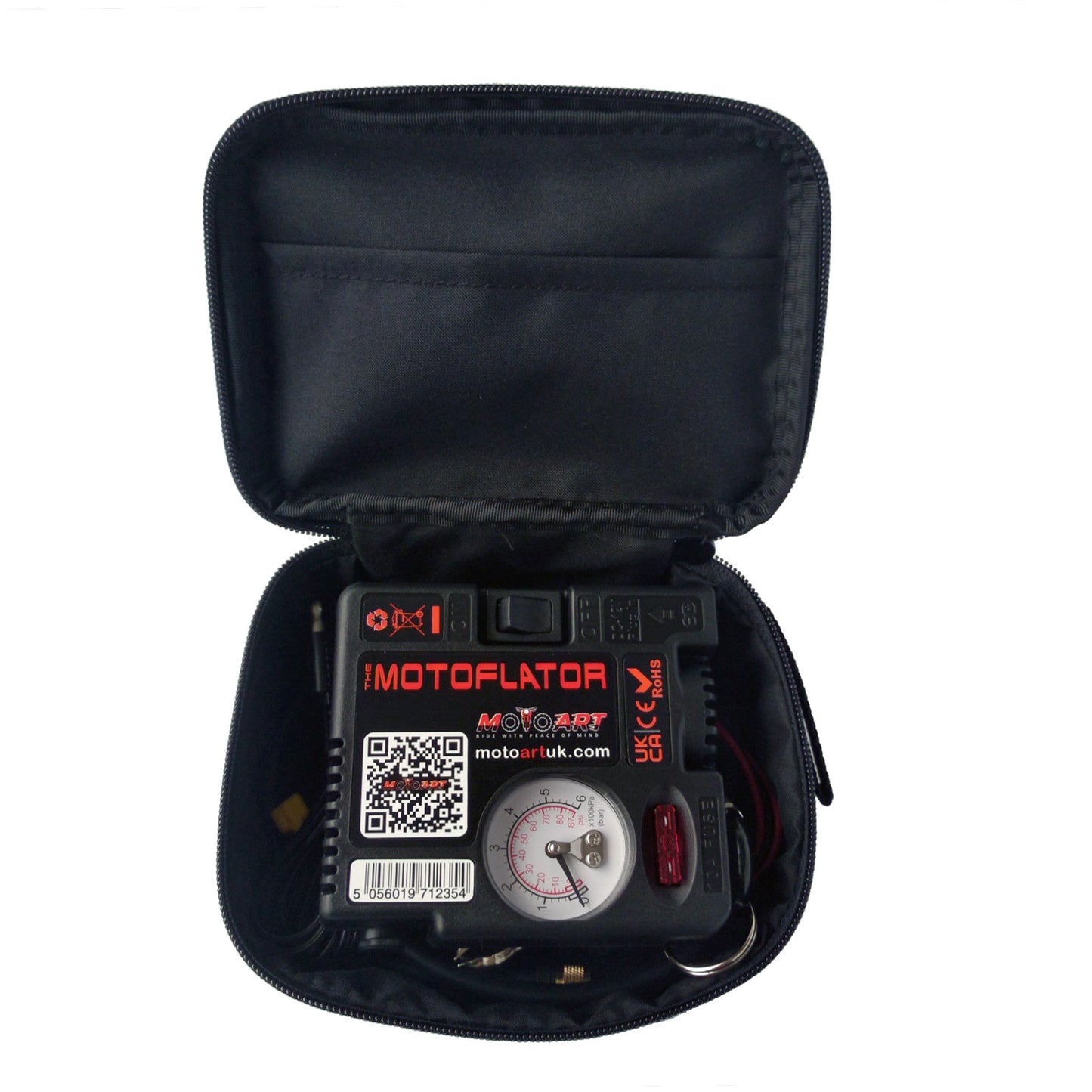 The Motoflator and accessories shown in a black nylon zipper bag with internal pocket and carry handle